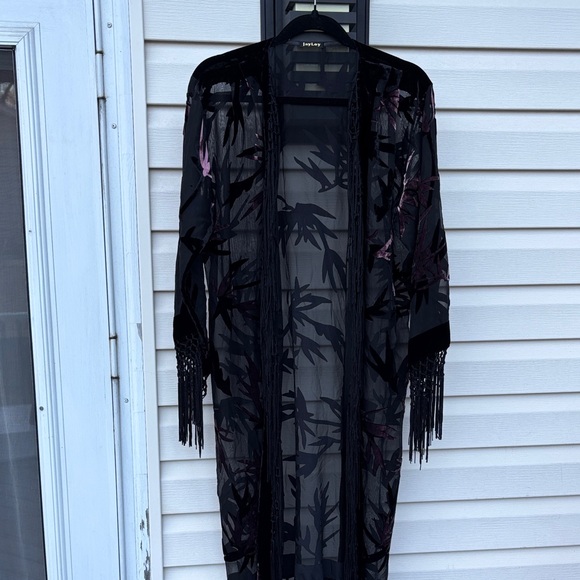 Jayley Jackets & Blazers - JayLey Ladies Silk Black Fringe Sheer Pink Velvet Top Boho Kimono Cardigan